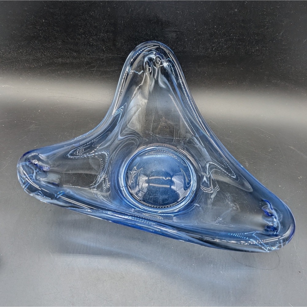 Holmegaard Per Lutken Blue Art Glass Triangular Bowl Danish Mid Century Modern
